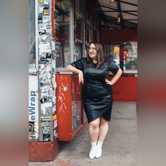 SIKA Collection Womens Sasha Dress Sheath Tulip Black Faux Leather Crewn… - Picture 6 of 7